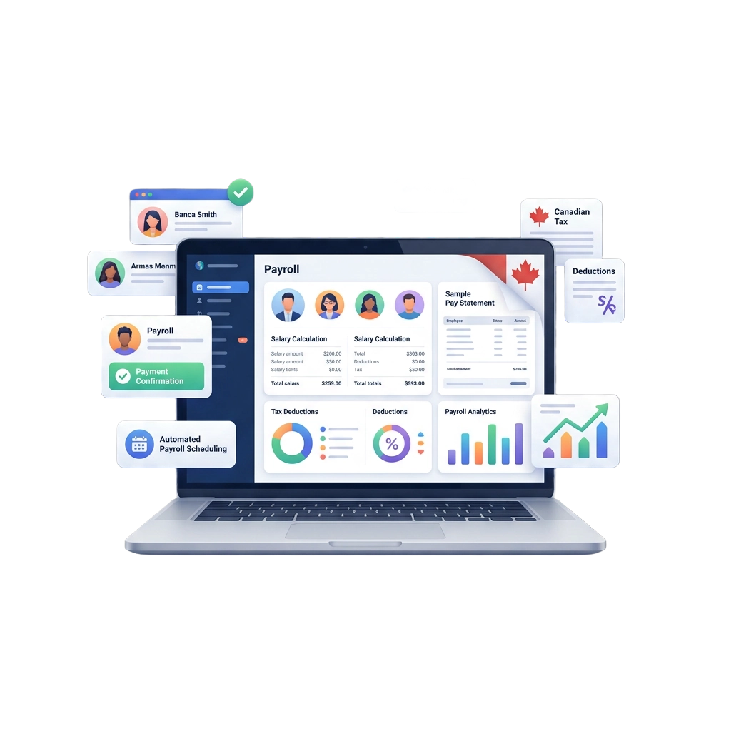 Illustration of a small business owner managing payroll on a laptop