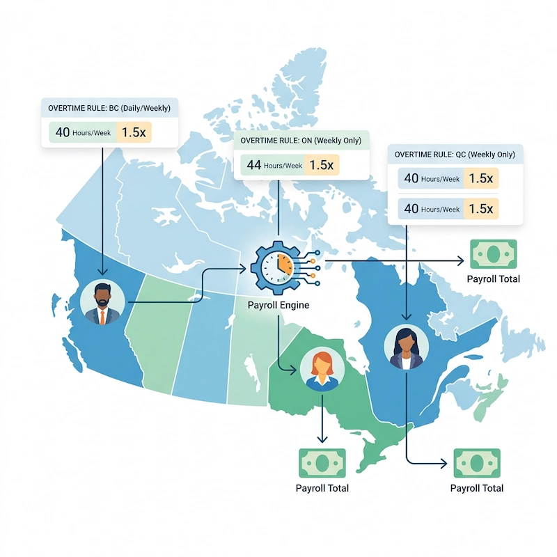 Overtime rules automatically applied based on employee's province